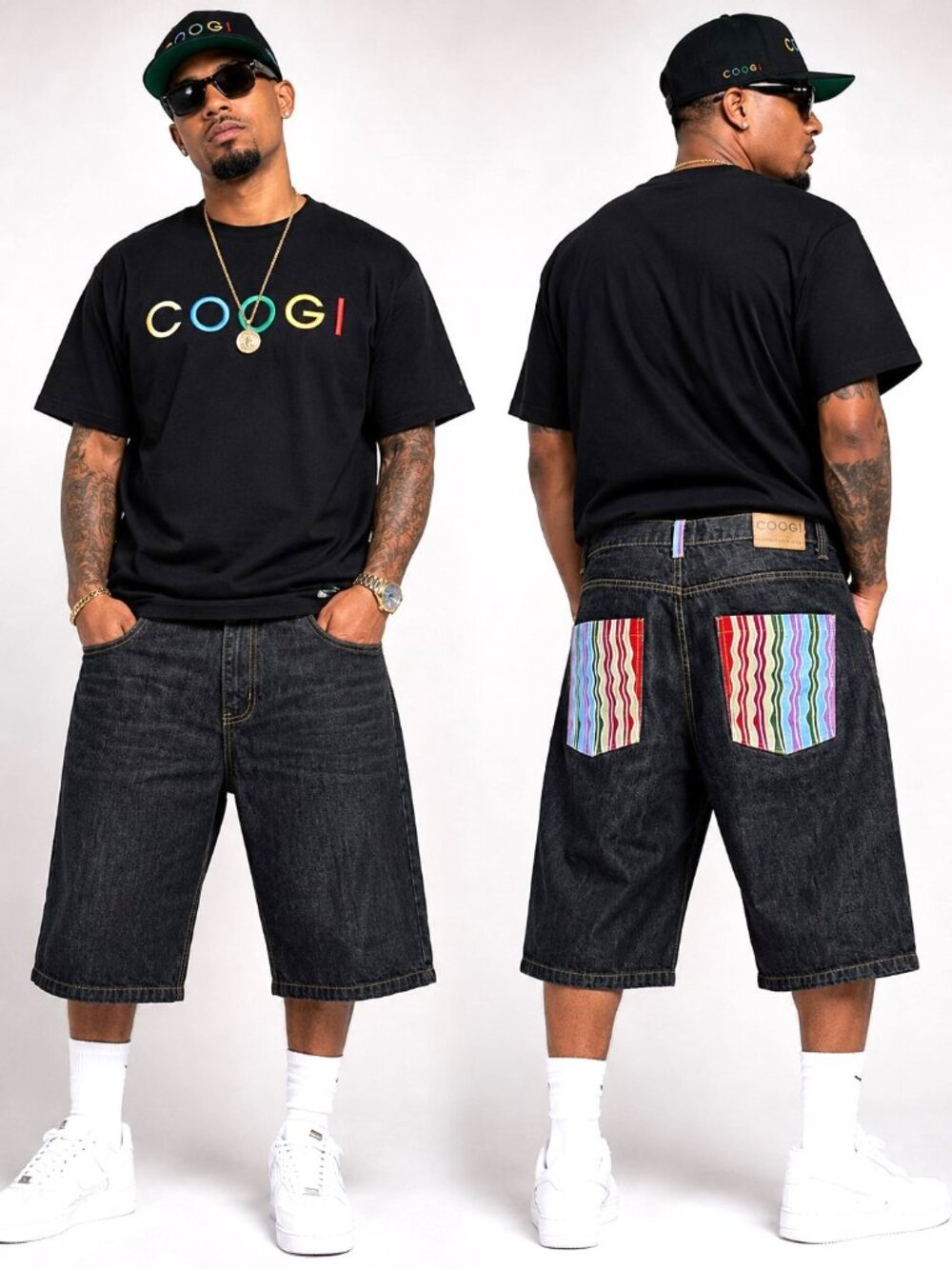 COOGI Relaxed Denim Bermuda Jean Shorts Mens Black Wash Embroidered Size 37 Y2K